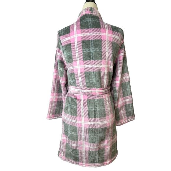 PJ Couture Pink Gray & White Plaid extra Soft wrap Robe with pockets size s/M - Picture 10 of 11